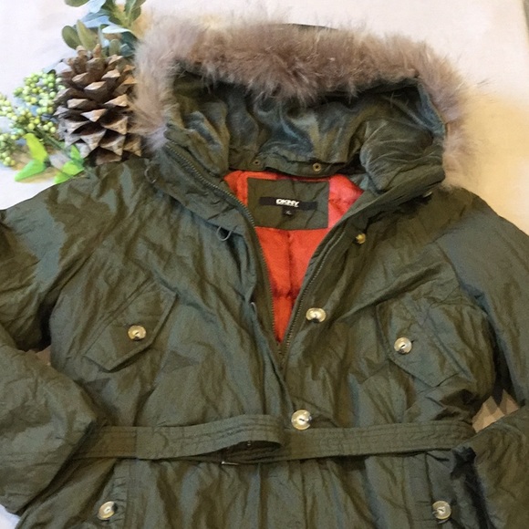 DKNYC Jackets & Blazers - NWT DKNY Down Parka Hooded Belted XL Olive Green